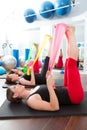Aerobics pilates women with rubber bands in a row Royalty Free Stock Photo