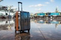 Aerodrome scene Trolley suitcase, luggage bag with information board background