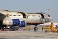 Aeroflot Ilyushin IL-96-300 caught fire while standing at Sheremetyevo international airport. Royalty Free Stock Photo