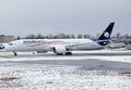 AeroMexico`s newest Boeing 787-9 dreamliner airplane in snow