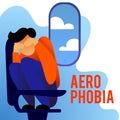 A vector image of a man in the airplane having an aerophobia