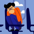 A vector image of a man in the airplane having an aerophobia.