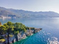 Aerophotography. View from flying drone. Panoramic cityscape of Budva, Montenegro. Top View. Beautiful destinations Royalty Free Stock Photo