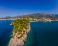 Aerophotography. View from flying drone. Panoramic cityscape of Budva, Montenegro. Top View. Beautiful destinations Royalty Free Stock Photo