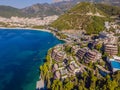 Aerophotography. View from flying drone. Panoramic cityscape of Budva, Montenegro. Top View. Beautiful destinations Royalty Free Stock Photo