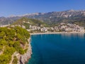 Aerophotography. View from flying drone. Panoramic cityscape of Budva, Montenegro. Top View. Beautiful destinations Royalty Free Stock Photo