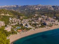 Aerophotography. View from flying drone. Panoramic cityscape of Budva, Montenegro. Top View. Beautiful destinations Royalty Free Stock Photo