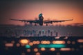 Aeroplane in flight over city at night. Generative AI. Royalty Free Stock Photo