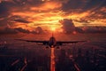 Aeroplane flying sunset. Generate AI