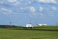 Aeroplane landing at Yeadon airport Leeds and Bradford, Yorkshire