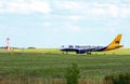 Aeroplane landing at Yeadon airport Leeds and Bradford, Yorkshire