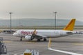 Aeroplane of Pegasus Airlines taxiing in Istanbul Sabiha Gokcen International Airport in the early morning in Istanbul, Turkey