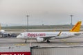 Aeroplane of Pegasus Airlines taxiing in Istanbul Sabiha Gokcen International Airport in the early morning in Istanbul, Turkey