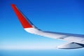 Aeroplane plane aircraft wing in the blue sky above the clouds Royalty Free Stock Photo