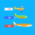 Aeroplane, planes and biplane. Set of colorful flat airplanes.