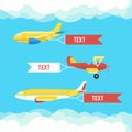 Aeroplane, planes and biplane. Set of colorful flat airplanes with cloud. Royalty Free Stock Photo