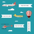 Aeroplane, planes, helicopters, biplane and hot air balloon. Set of colorful flat air transports with cloud. Vector