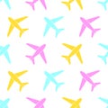 Aeroplane seamless pattern. Icon aircraft in pop art color. Travel background in flat design. Aeroplane isolated on white backdrop