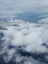 an aeroplane wing and the cloudy sky