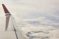 Aeroplane wing detail and cloudy sky. Commercial flight. Horizontal