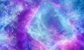 Aerosol clouds, space haze or cosmic rays, pink, pastel blue, space sky with many stars. Travel in the universe. 3D Rendering