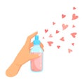 Aerosol with hearts. Sharing love and voluntary help generosity concept, human hands holding heart spray paint or