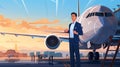 An aerospace engineer standing in front of a commercial airplane.