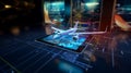 An aerospace engineering concept design for an airplane using holograms on a digital tablet.