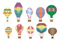 Aerostat air balloon flight travel basket retro airship cartoon isolated on white icons set cartoon flat design vector Royalty Free Stock Photo