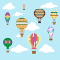 Aerostat air balloon sky clouds flight travel basket retro airship cartoon icons set design vector illustration Royalty Free Stock Photo