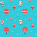 Aerostat in the sky flat seamless pattern. Red, pink and blue Royalty Free Stock Photo