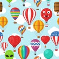 Aerostat Balloon transport with basket and clouds flying in blue sky Seamless Pattern, Cartoon air-balloon different Royalty Free Stock Photo