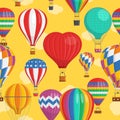 Aerostat Balloon transport with basket and clouds flying in evening sky Seamless Pattern Cartoon air-balloon different Royalty Free Stock Photo