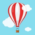 Aerostat Balloon transport with basket flying in blue sky and clouds, Cartoon air-balloon icon ballooning adventure