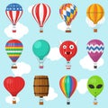 Aerostat Balloon transport with basket set flying in sky, Cartoon air-balloon different shapes ballooning adventure Royalty Free Stock Photo