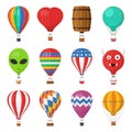 Aerostat Balloon transport with basket set isolated on white background, Cartoon air-balloon different shapes ballooning
