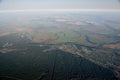 Aerostats in the air over fields and river. Royalty Free Stock Photo