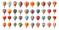 Aerostats with basket hot air balloon different patterns cartoon style vector set. Sky transport travel journey vibe Royalty Free Stock Photo