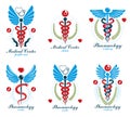 Aesculapius Greek vector abstract logotypes composed with wings, heart shapes, ecg charts and laurel wreaths. Medical symbols for