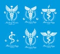 Aesculapius Greek vector abstract logotypes composed with wings, heart shapes, ecg charts and laurel wreaths. Medical symbols for