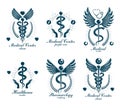 Aesculapius Greek vector abstract logotypes composed with wings, heart shapes, ecg charts and laurel wreaths. Medical symbols for