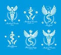 Aesculapius Greek vector abstract logotypes composed with wings, heart shapes, ecg charts and laurel wreaths. Medical symbols for