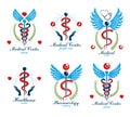 Aesculapius Greek vector abstract logotypes composed with wings, heart shapes, ecg charts and laurel wreaths. Medical symbols for