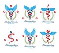 Aesculapius Greek vector abstract logotypes composed with wings, heart shapes, ecg charts and laurel wreaths. Medical symbols for