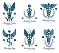 Aesculapius Greek vector abstract logotypes composed with wings, heart shapes, ecg charts and laurel wreaths. Medical symbols for