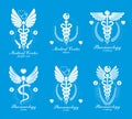 Aesculapius Greek vector abstract logotypes composed with wings, heart shapes, ecg charts and laurel wreaths. Medical symbols for