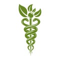 Aesculapius vector abstract illustration using snakes and green leaves, Caduceus symbol. Healthy lifestyle is strong heart