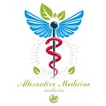 Aesculapius vector abstract logo, Caduceus symbol composed with bird wings for use in medical