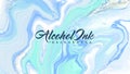 Aesthetic alcohol ink watercolor background. Soft blue color painting with glitters and the golden liquid