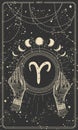 Aesthetic Aries zodiac signs card for stories, astrological horoscope, boho line design, gold engraving on black Royalty Free Stock Photo